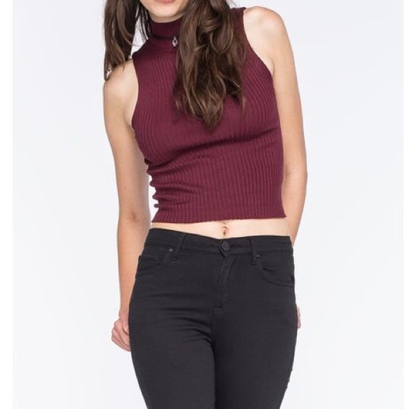 Prime Cut Maroon Burgundy High Mock Neck Crop Top - Picture 2 of 8