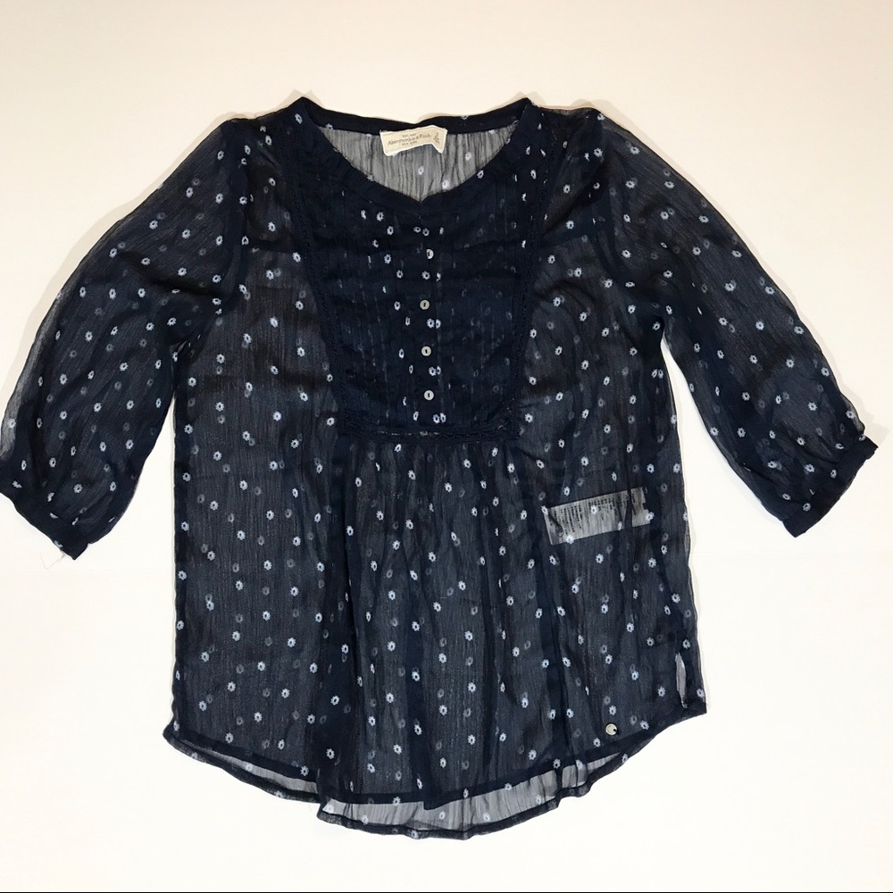 Navy Blue Semi Sheer Floral A&F Bib Popover Top