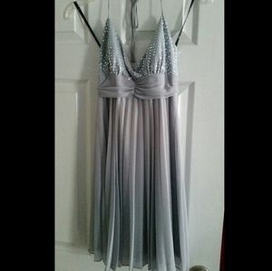 Silver half sequin formal halter dress