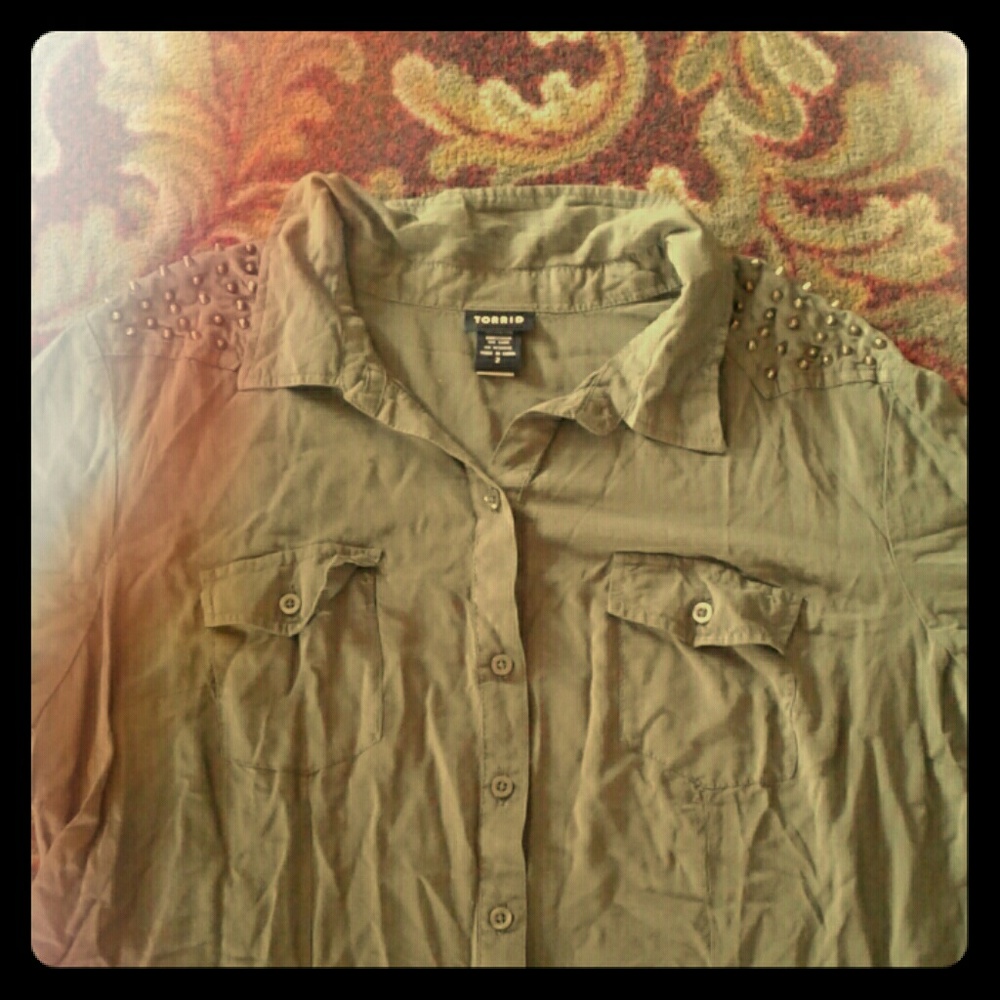 Olive button up with embellished shoulders