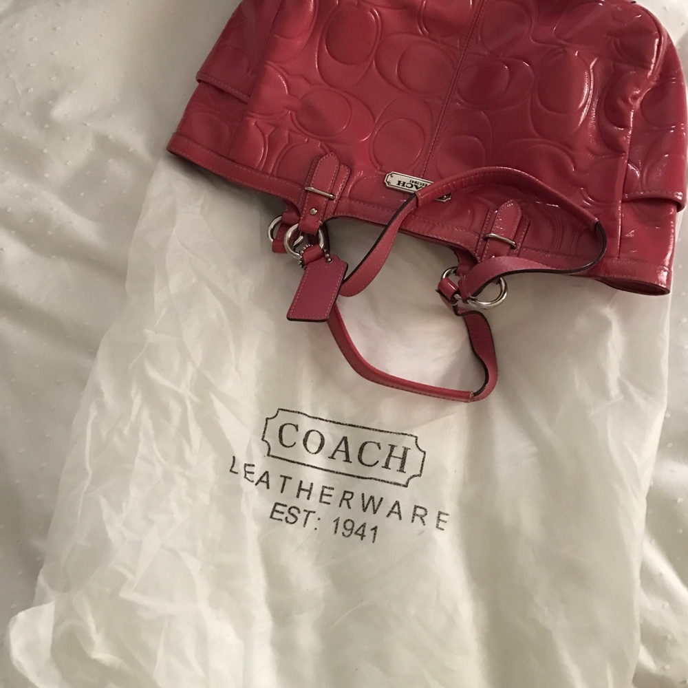 Pink patent coach tote