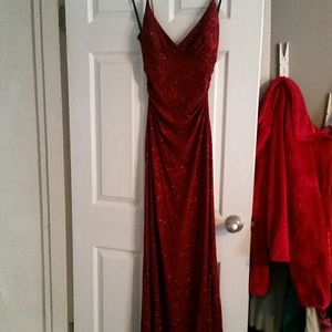 Long red formal dress with red sparkle design