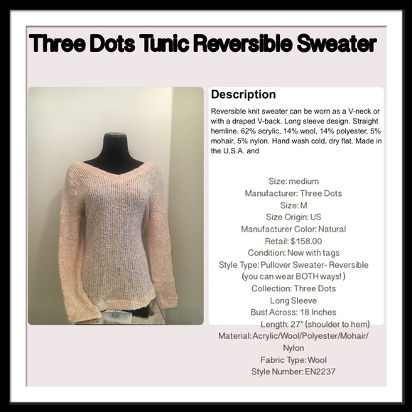 THREE DOTS TUNIC REVERSIBLE NATURAL SWEATER $158. - Picture 2 of 8