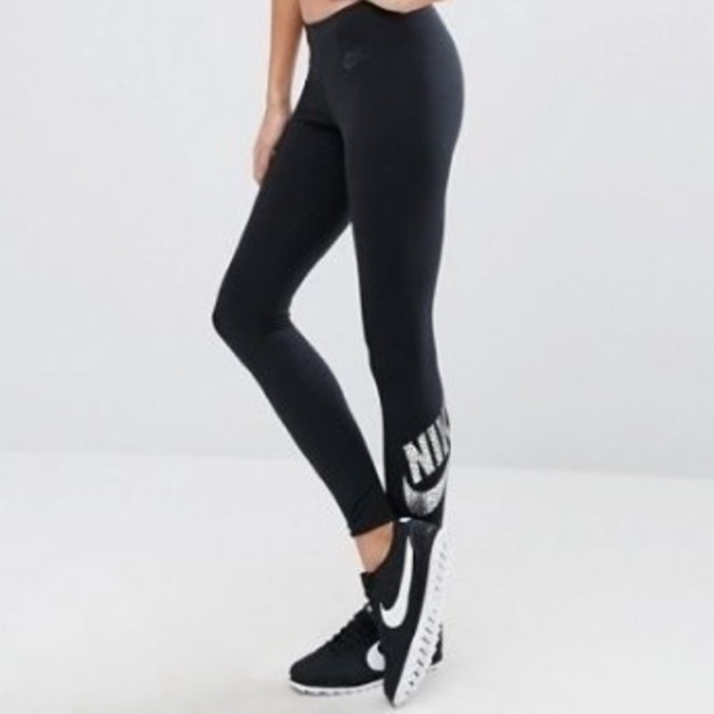 Nike black leggings with silver foil print logo