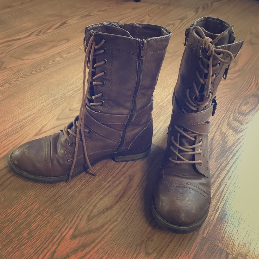 Brown leather combat boots