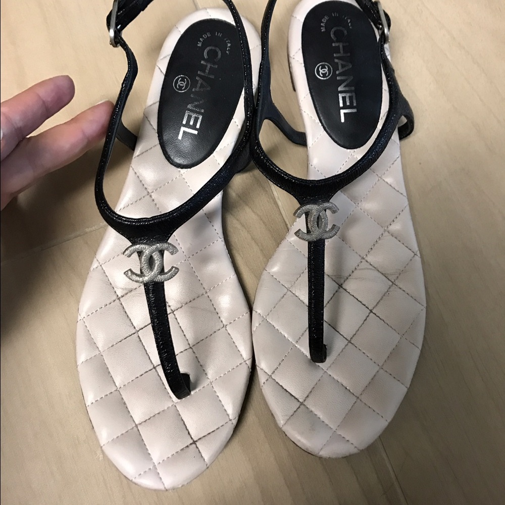 CHANEL blue and creme sandals