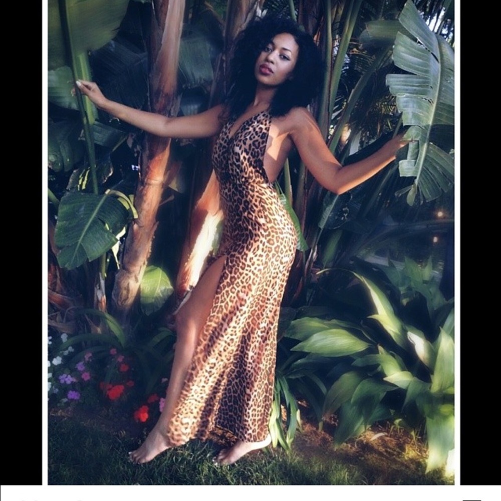 Backless double slit cheetah dress