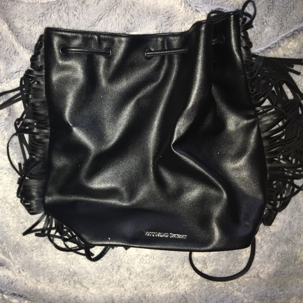 Victoria's Secret Black Fringe Drawstring Tote