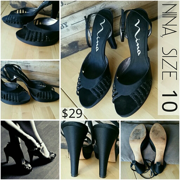 NINA Strappy Black Satin Sparkly Platform Heels - Picture 1 of 8