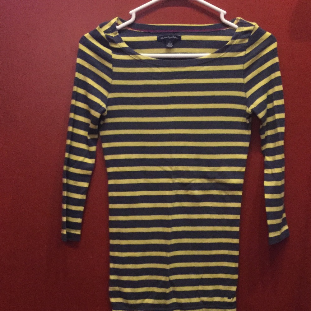 AEO Navy and Yellow Striped Tee