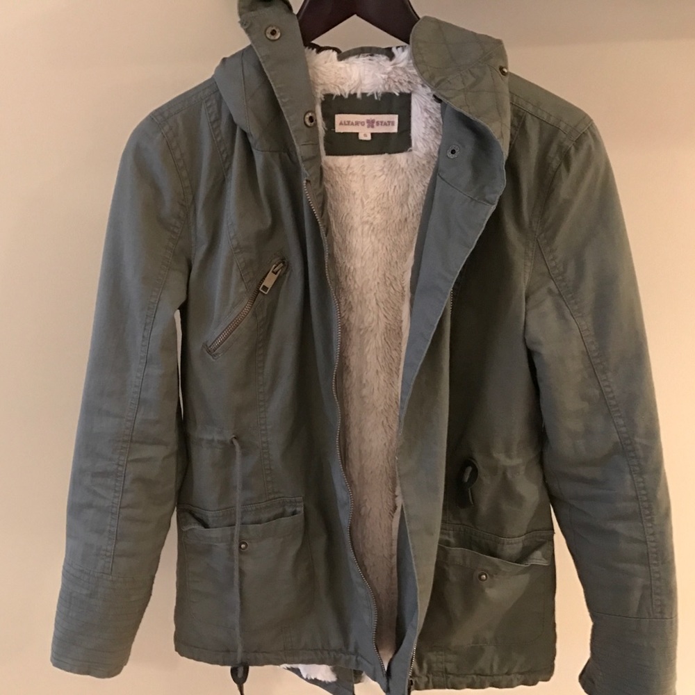 Green fuzzy army jacket