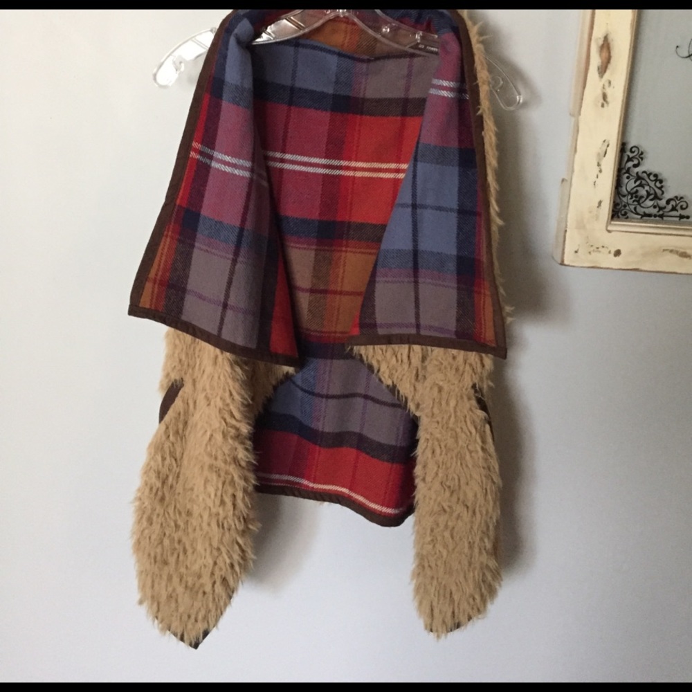 Reversible plaid and faux fur/wool vest