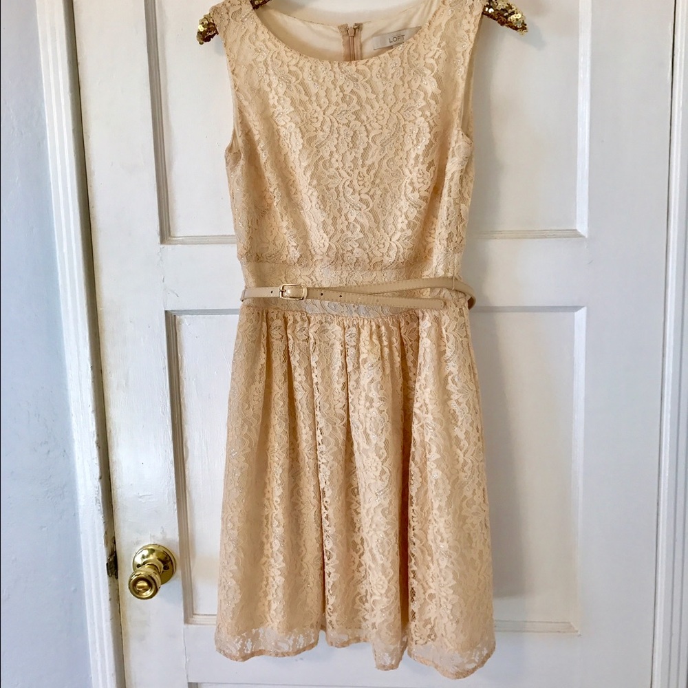 LOFT Lacey Shimmery Cream Dress