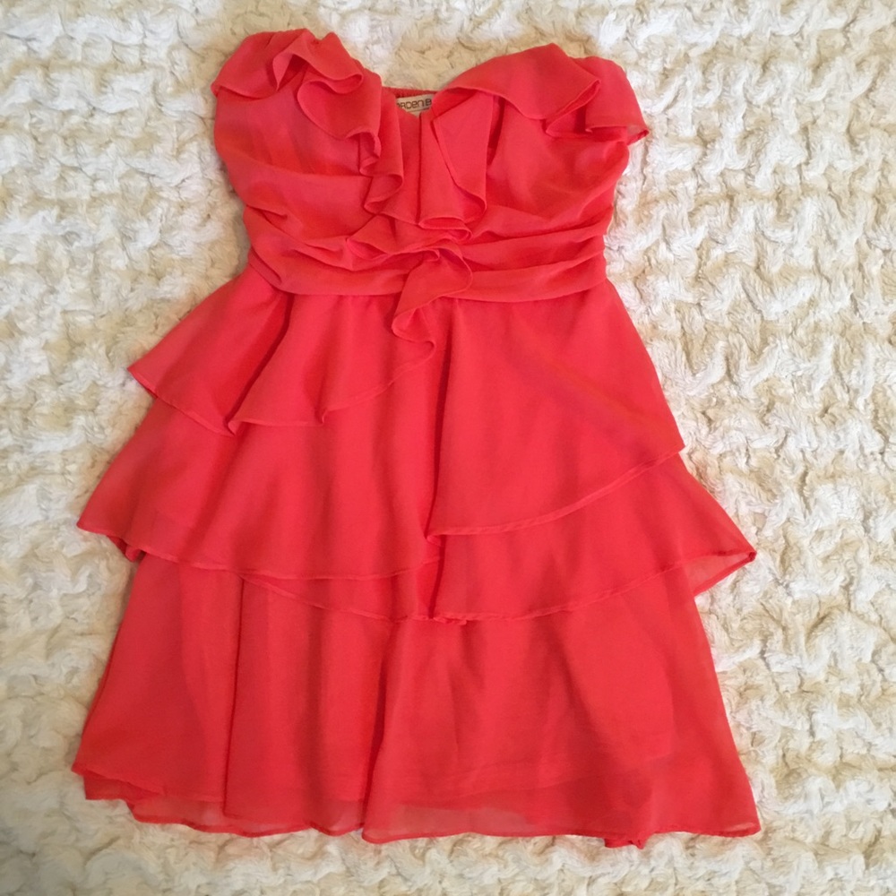 Strapless ruffled coral dress