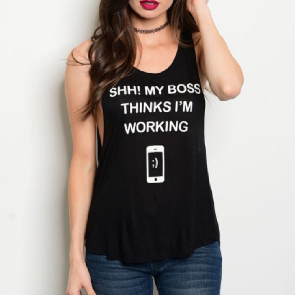 Funny graphic tank top my boss thinks i'm working