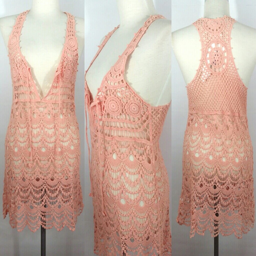 Coral Lace Crochet Cover up Top