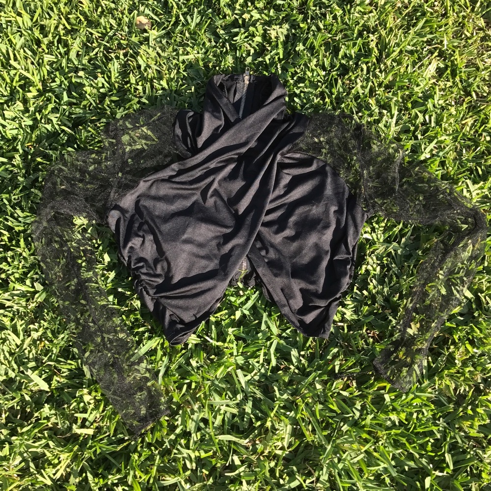 Black v cut crop with sheer sleeves