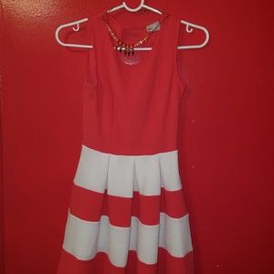 Peach and white skater dress. Necklace included