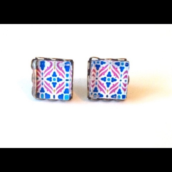 Handmade World Tile Earrings Geometric Floral - Picture 2 of 4