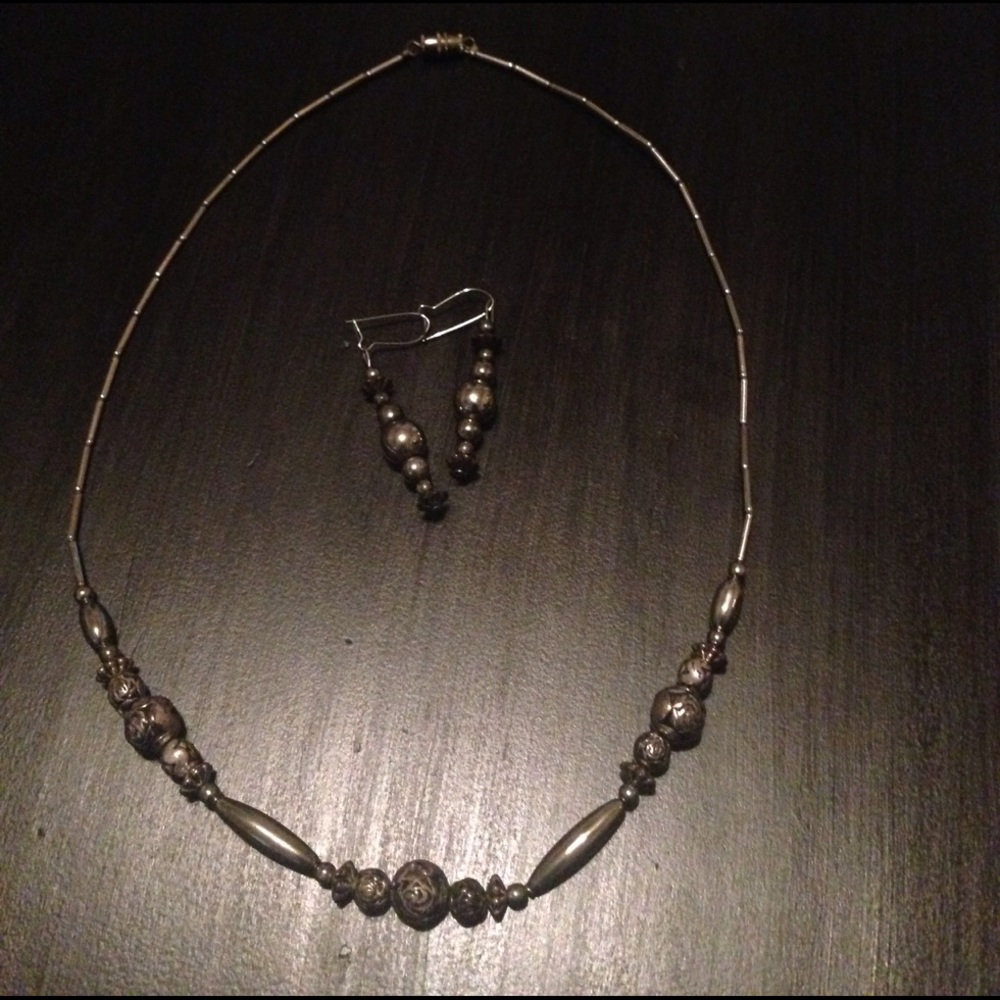 Silver Rose Bead Necklace and Earrings