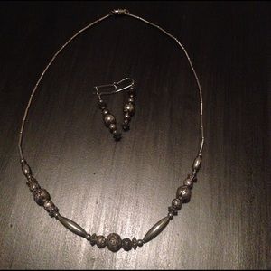 Silver Rose Bead Necklace and Earrings