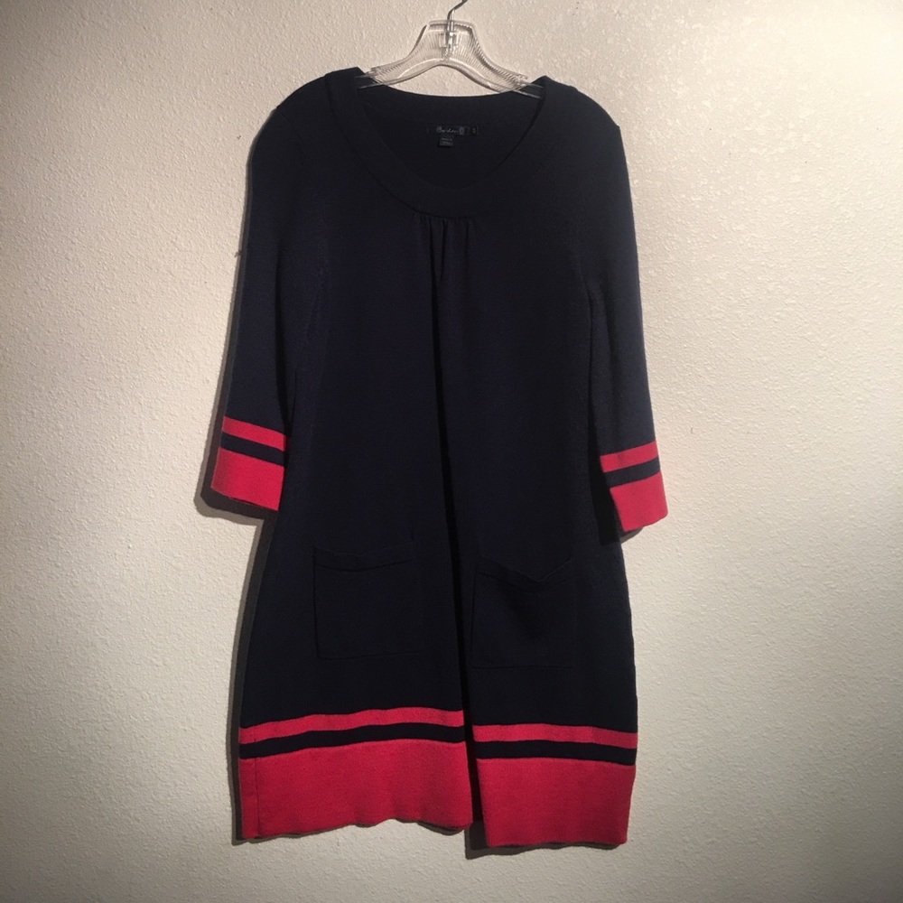 Blue and red sweater dress with front pockets