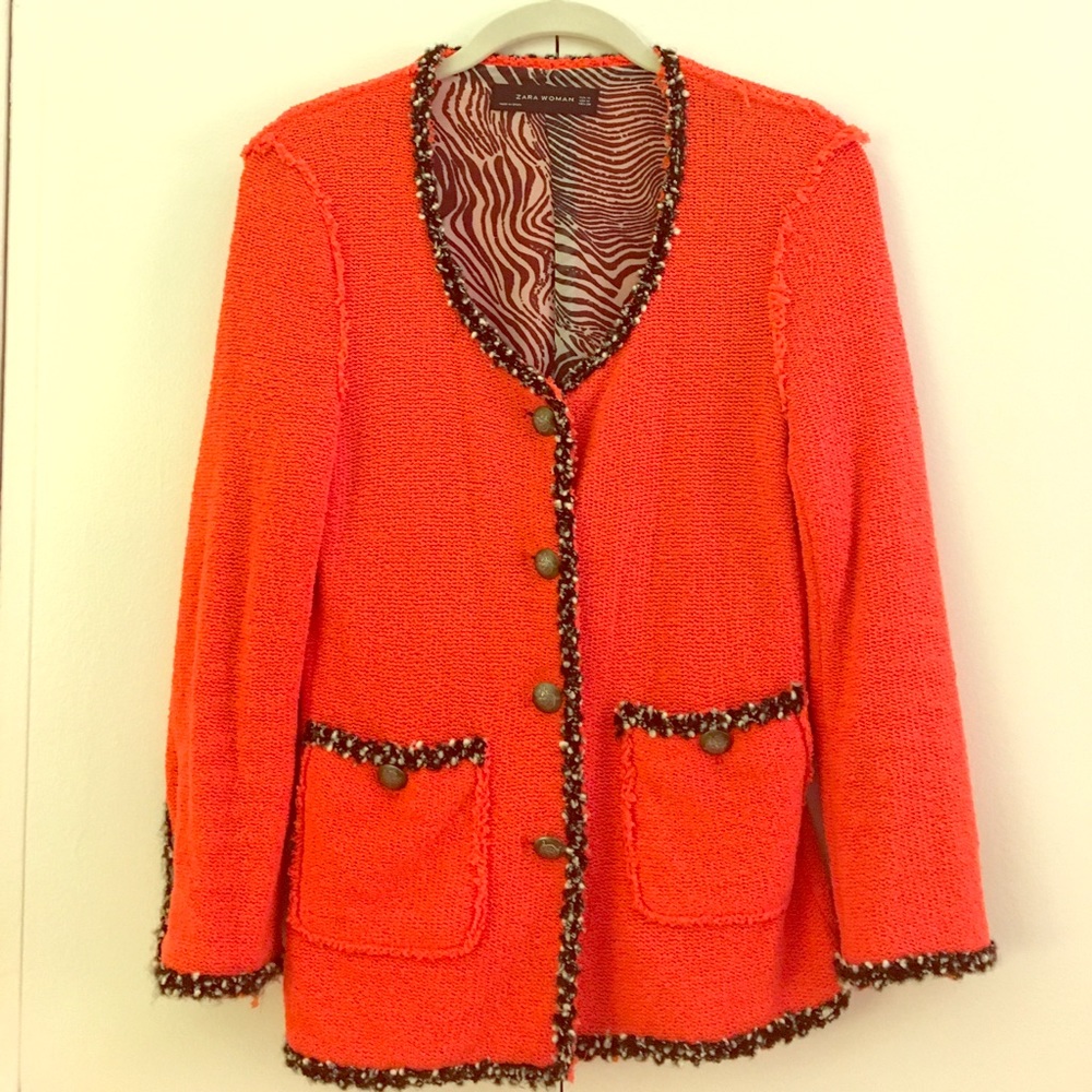 Zara coral boucle sweater with detailed trim sz M