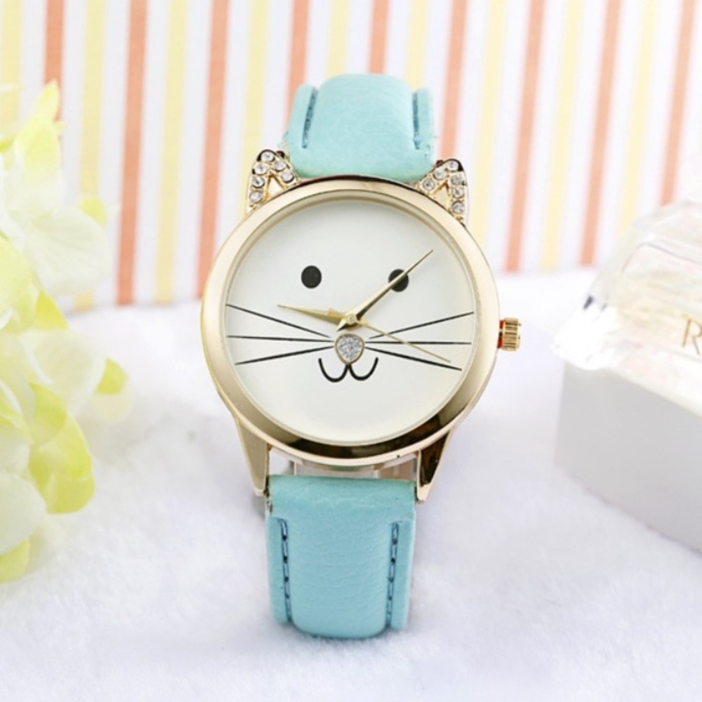 Happy Cat Gold face Watch with faux leather band.