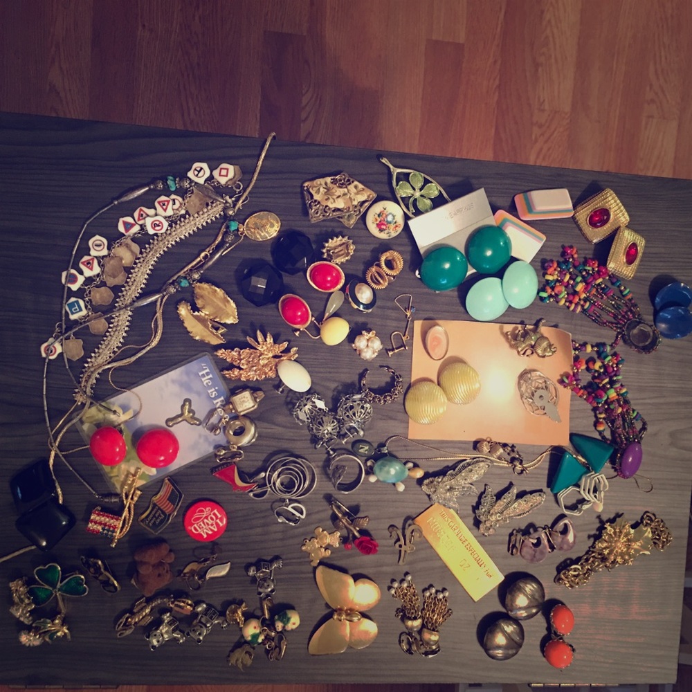 Vintage pins, clip on earrings and other jewelry