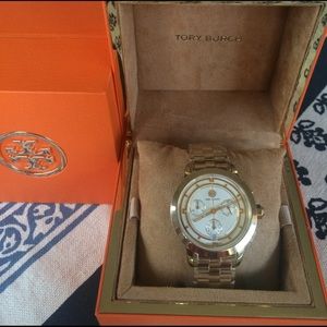 TORY WATCH, GOLD-TONE/IVORY CHRONOGRAPH, 37 MM