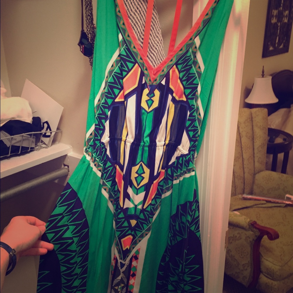 Seafoam green and coral Aztec halter dress small