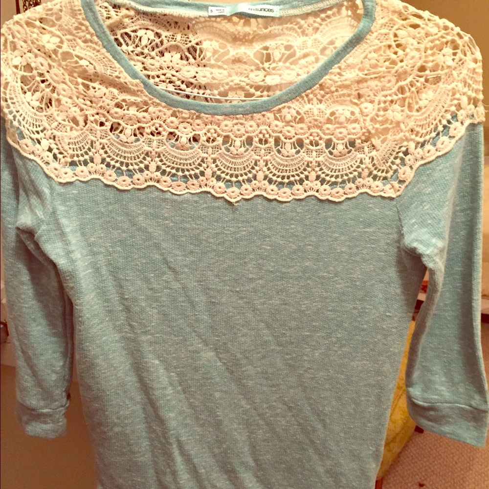 Heathered blue 3/4 sleeve crochet neck sweater