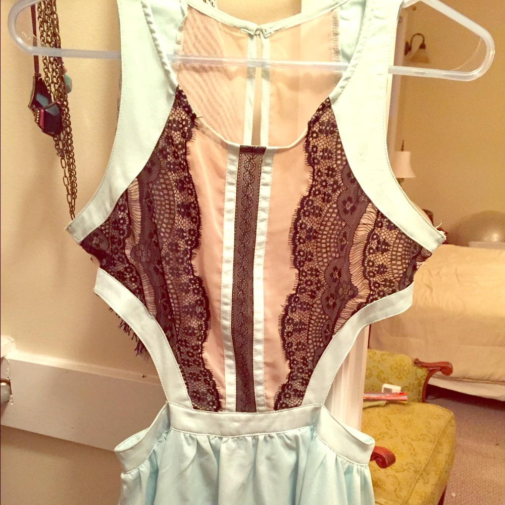 Mint, nude, black lace boutique dress cutout sides