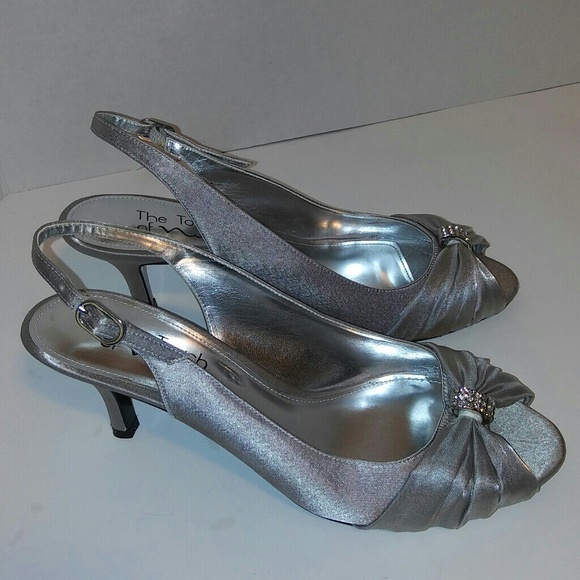 Nina Shoes - Silver kitten heels with rhinestone accent