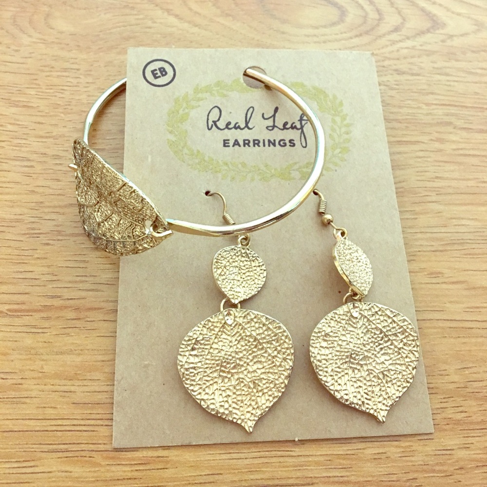Real leaf earrings & bracelet