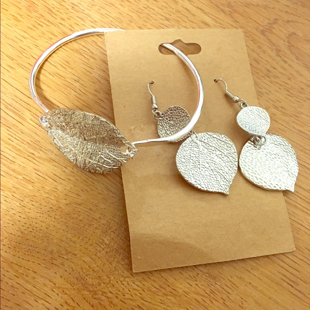 Silver real leaf earrings & bracelet