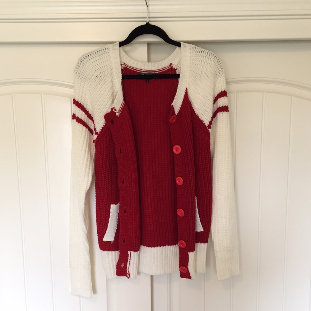 Oversized Medium Red & White Cardigan Sweater