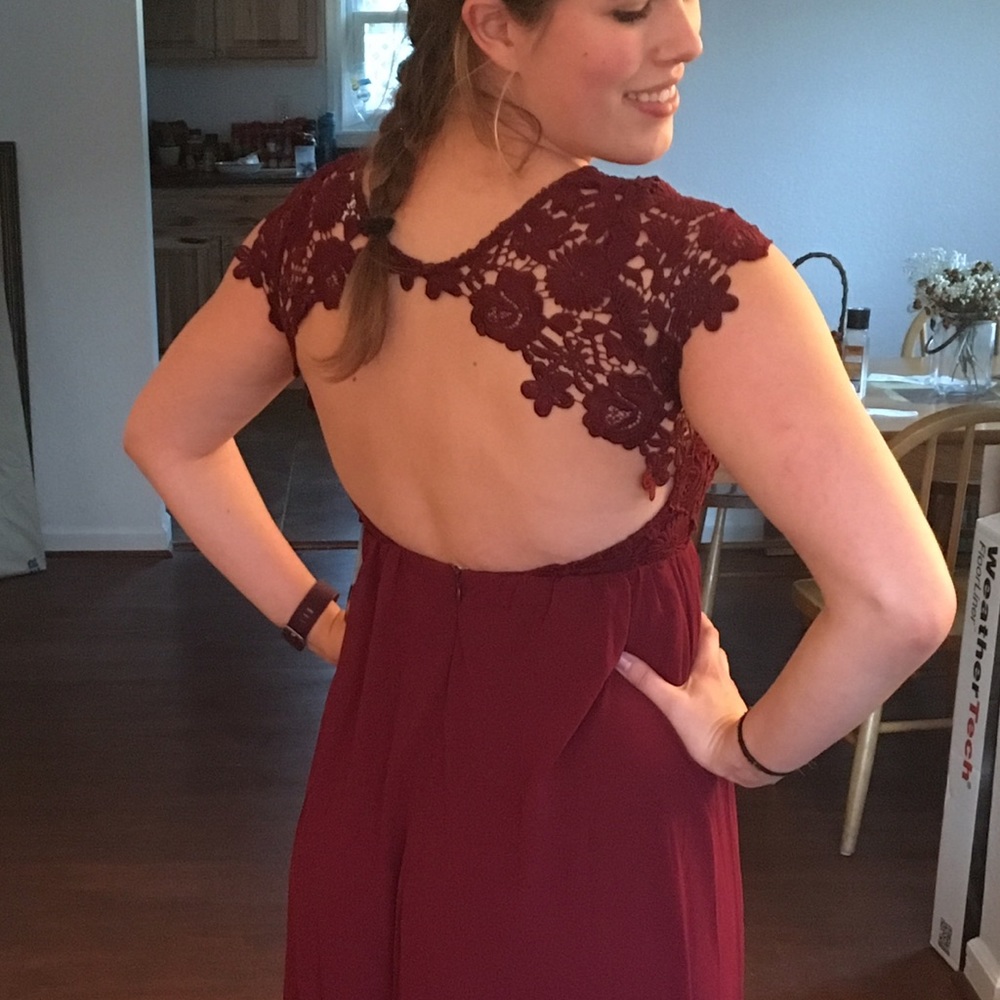 LuLu's Floor Length Burgundy Open Back Lace Dress