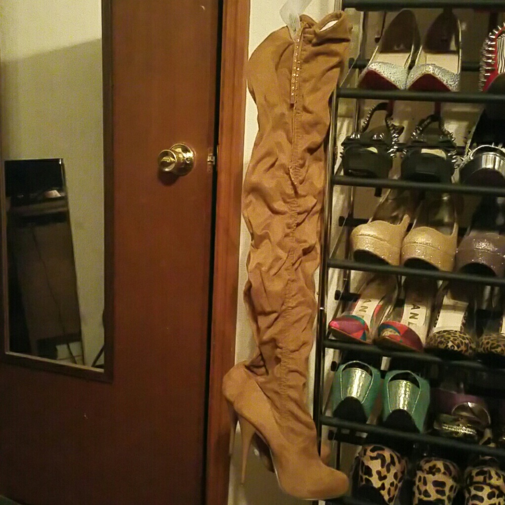 Camel thigh high boots