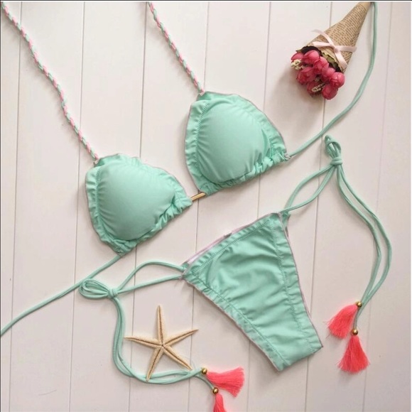 Rossy - Mint/ Pink Brazilian Tie Up Bikini Set - Picture 2 of 4