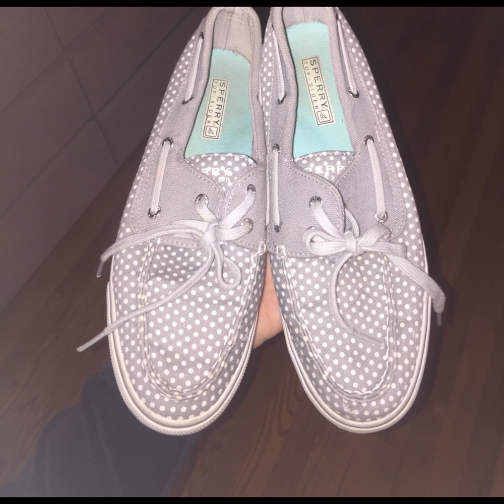 Gray polka dot sperrys, like new