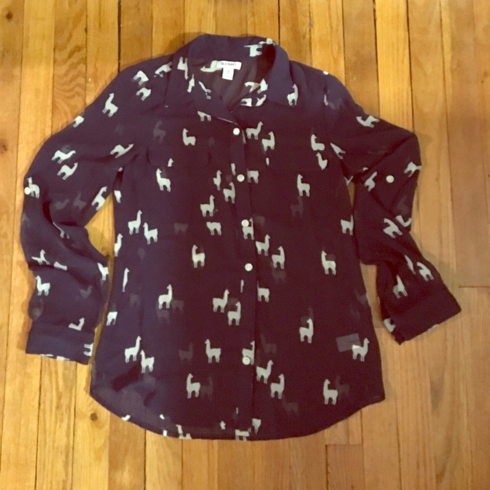 Sheer button up navy llama print shirt