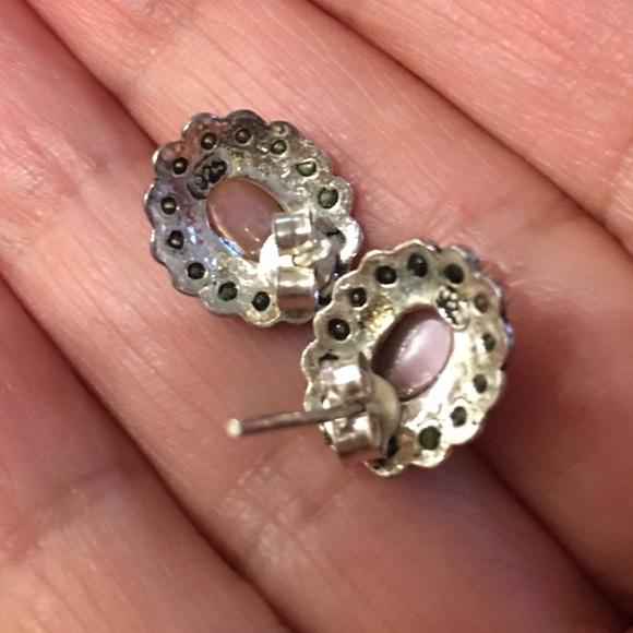 Sterling silver pink cats eye moonstone earrings - Picture 3 of 8