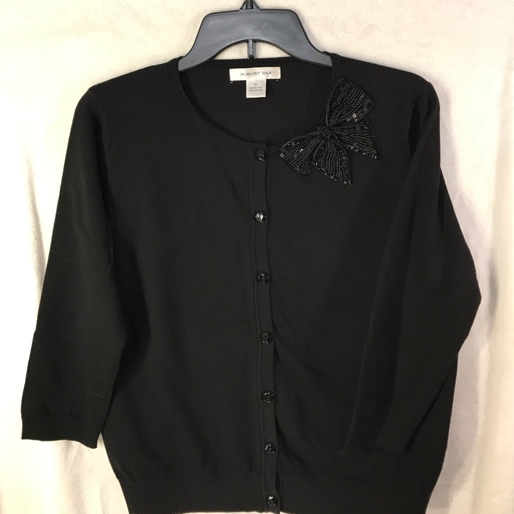 August Silk Black Cardigan with Beaded Bow