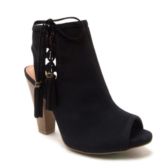 Black Open Toe Booties with Tassels - Picture 2 of 6