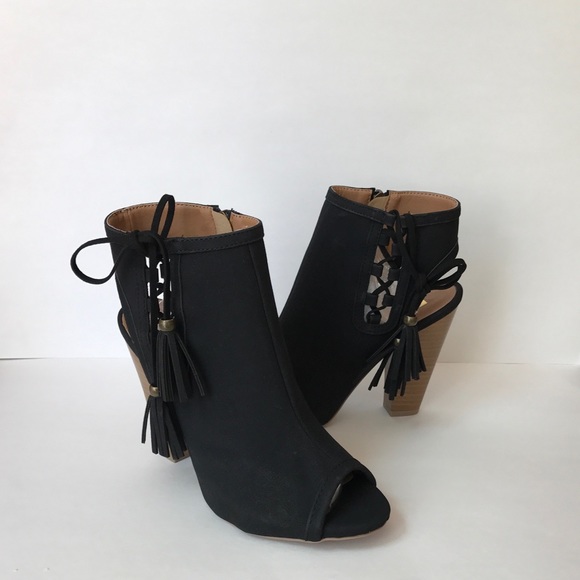 Black Open Toe Booties with Tassels - Picture 4 of 6