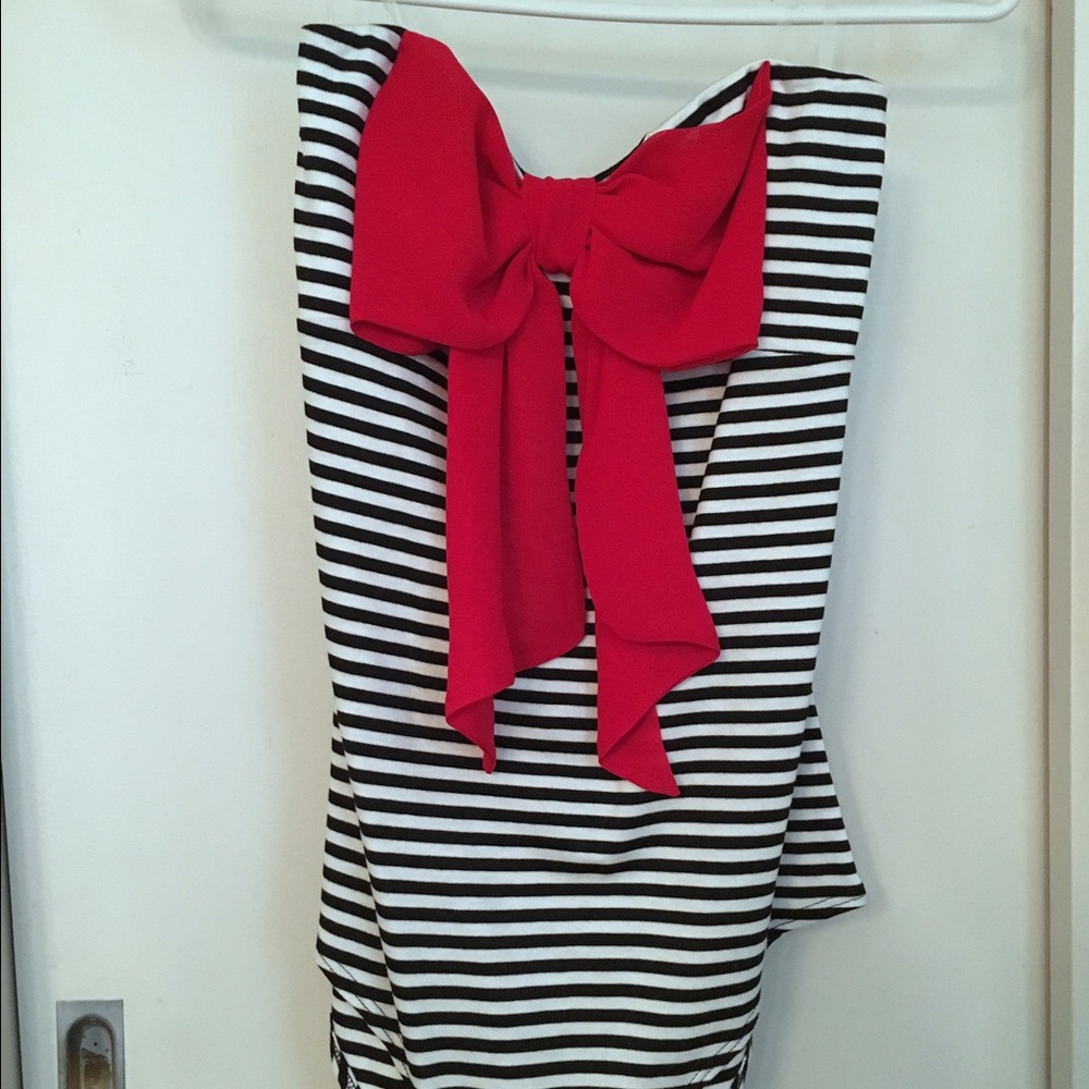 NWT strapless striped bodysuit, red bow