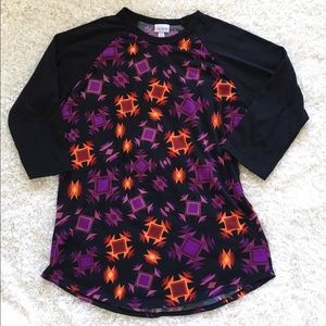Lularoe Randy Shirt XL Black/Purple/Orange Aztec