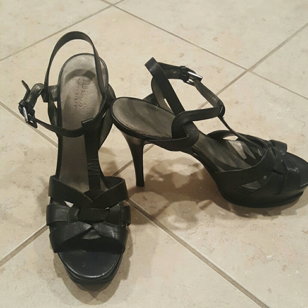 Guess Platform Black Leather Heels 7.5