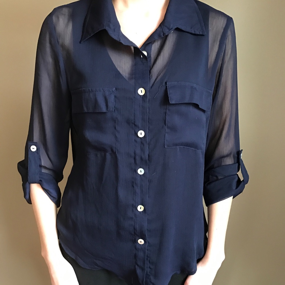 Sheer Navy Button-up Blouse